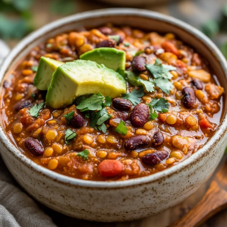 One Pot Red Lentil Chili in a rustic bowl topped with cilantro, avocado, and lime on a wooden table