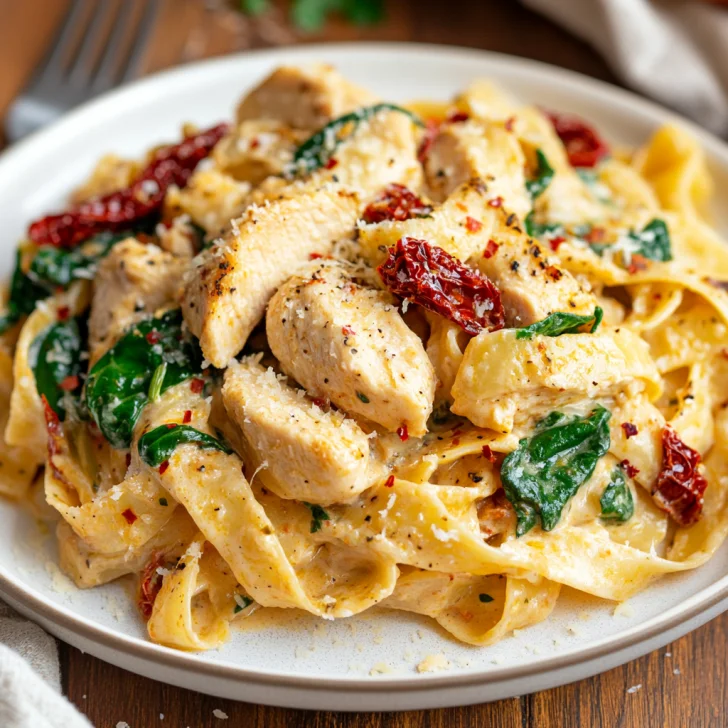 One Pot Tuscan Chicken Pasta served on a white plate garnished with Parmesan and spinach