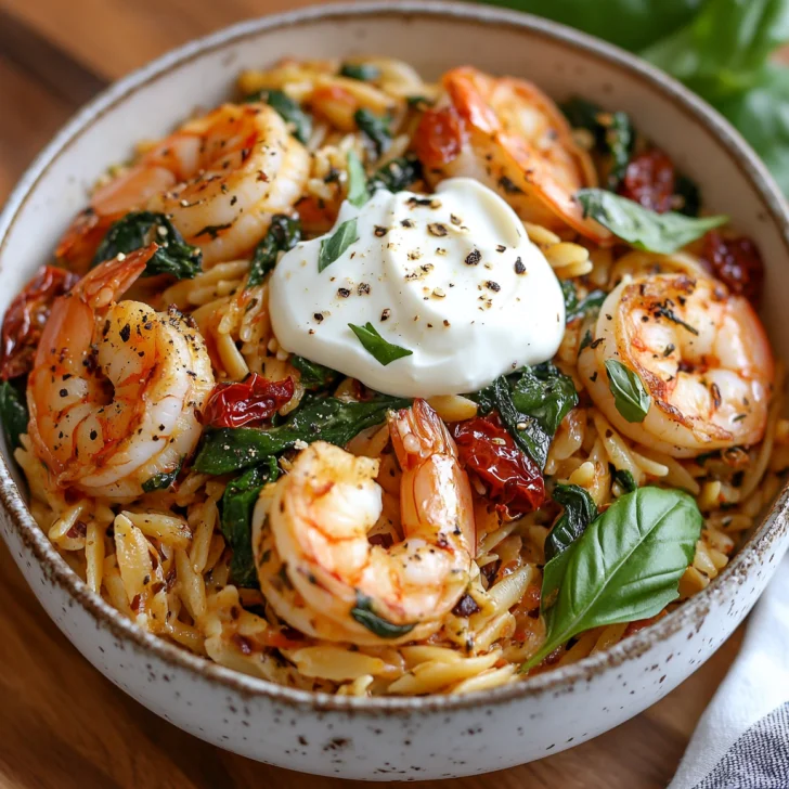 One Pot Tuscan Shrimp and Orzo in a white bowl, topped with fresh basil and Greek yogurt, on a light wooden surface.