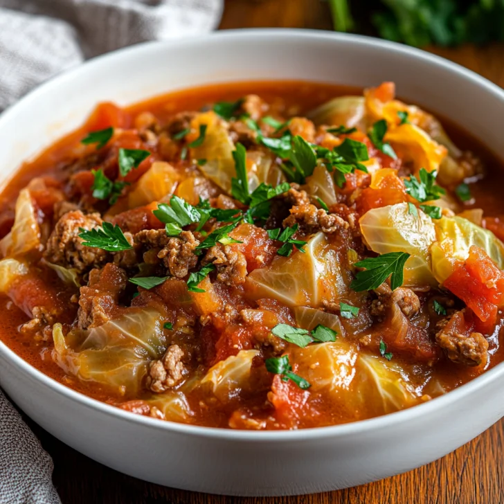 One Pot Unstuffed Cabbage Rolls in a white bowl garnished with parsley and served with warm tomato broth