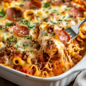 Cheesy Pizza Casserole in a white dish, garnished with fresh parsley, on a wooden table
