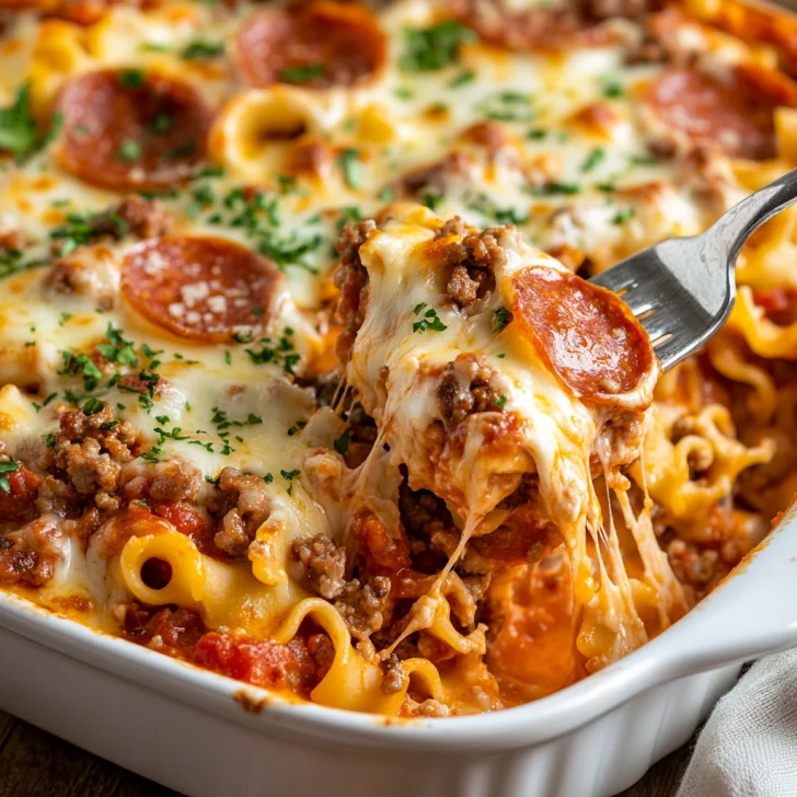Cheesy Pizza Casserole in a white dish, garnished with fresh parsley, on a wooden table