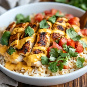 Bowl of Queso Chicken and Rice topped with cilantro and tomatoes, drizzled with melted queso on a wooden table
