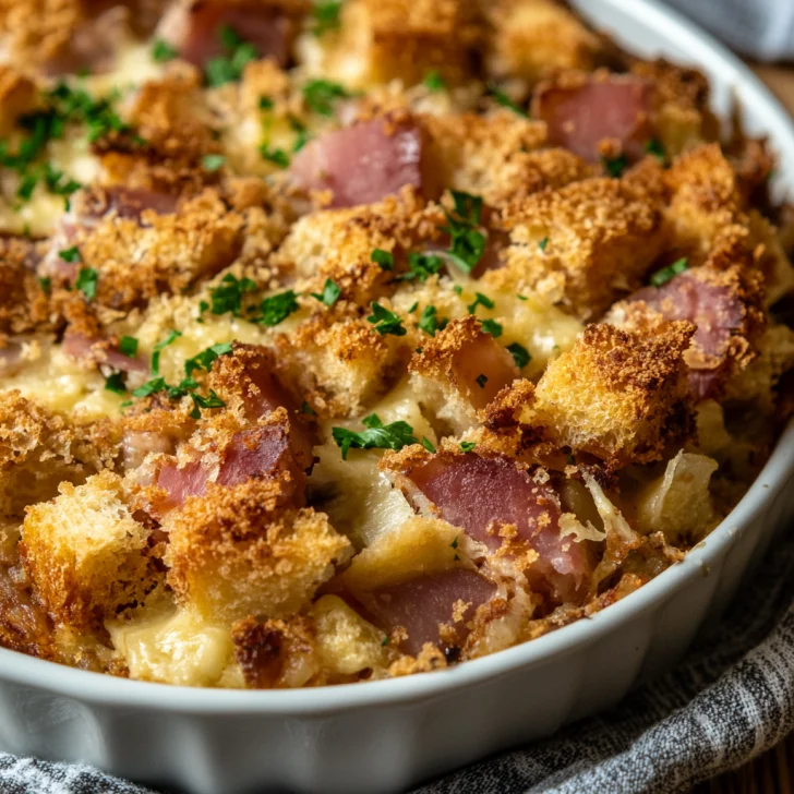 Layered Reuben Casserole on a white plate with golden edges and fresh parsley garnish