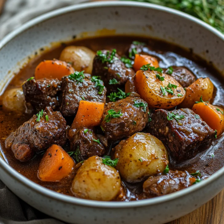 Bowl of Slow Cooker Beef Bourguignon garnished with parsley, featuring tender beef, carrots, and potatoes