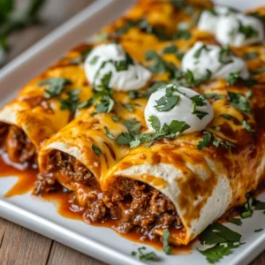 Slow Cooker Beef Burritos on a white plate, topped with cheese, sour cream, and cilantro, looking delicious.