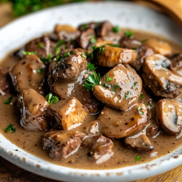 Tender Slow Cooker Beef Tips with Mushroom Gravy on a white plate garnished with parsley and pepper
