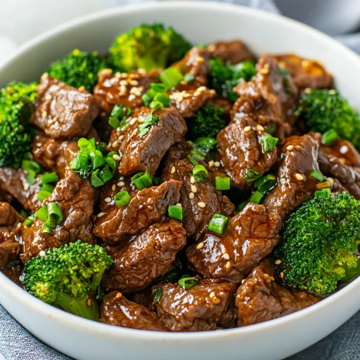 Bowl of Slow Cooker Broccoli Beef with tender steak and broccoli in savory sauce, garnished with green onions.