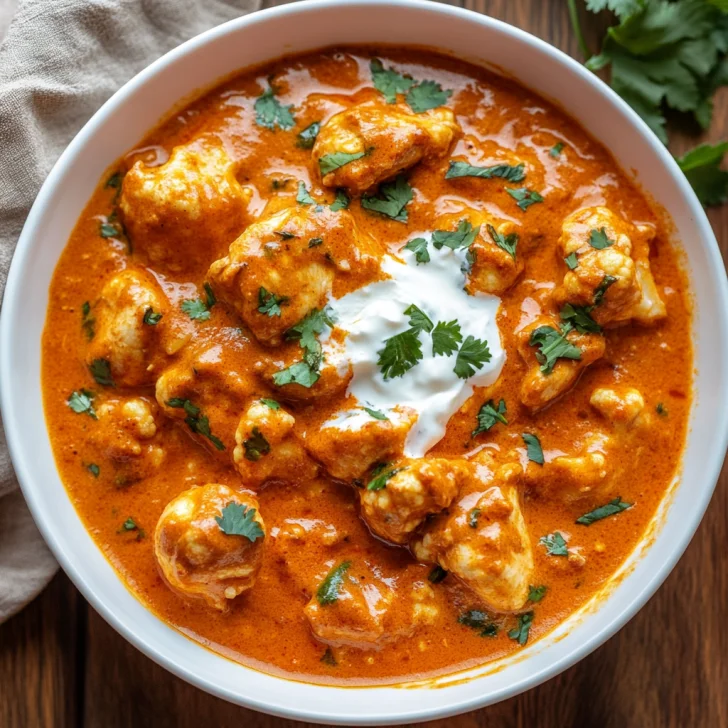 Bowl of Slow Cooker Butter Chicken garnished with cilantro and yogurt on a light wooden table