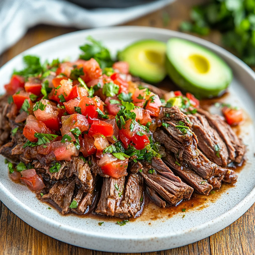 Slow Cooker Carne Asada Recipe: Easy, Tender, and Packed with Flavor Sliced Slow Cooker Carne Asada on a white plate, topped with pico de gallo and avocado, garnished with cilantro