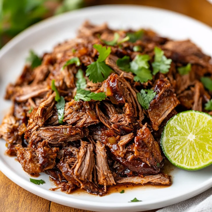 Close-up of Slow Cooker Carnitas on a white plate garnished with fresh cilantro and a lime wedge