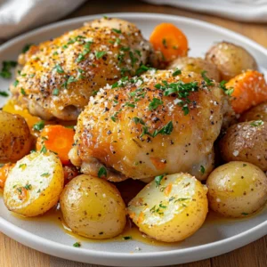 Plate of slow cooker chicken and potatoes garnished with parsley and lemon slices