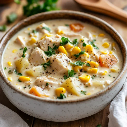 Bowl of Slow Cooker Chicken Corn Chowder garnished with parsley and pepper on a wooden table