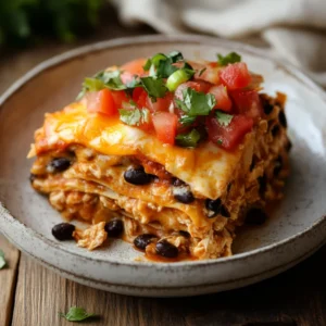 Close-up of Slow Cooker Chicken Enchilada Casserole topped with lettuce and tomatoes in a rustic bowl