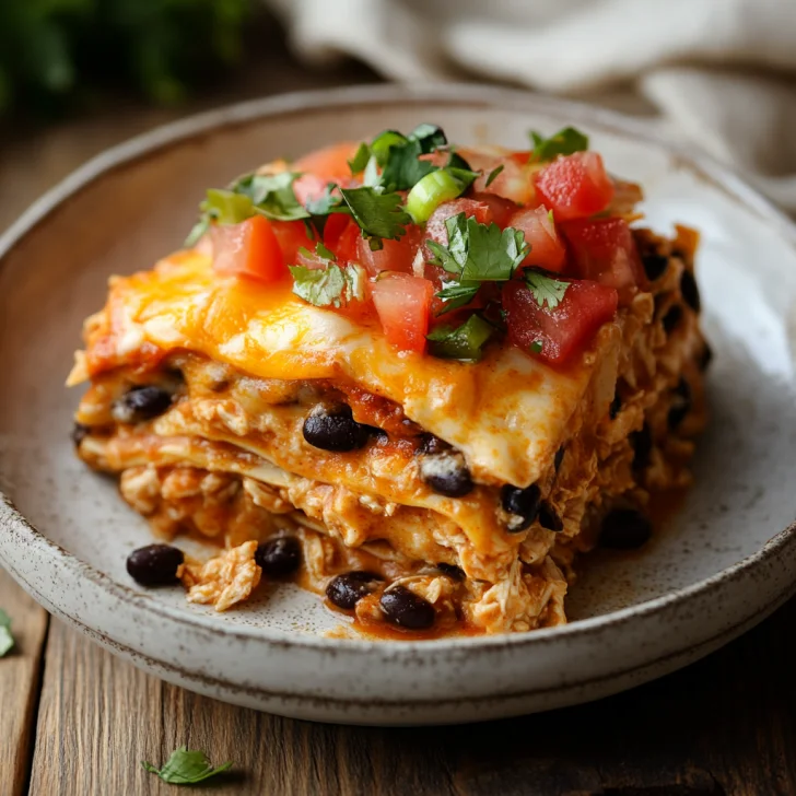 Close-up of Slow Cooker Chicken Enchilada Casserole topped with lettuce and tomatoes in a rustic bowl