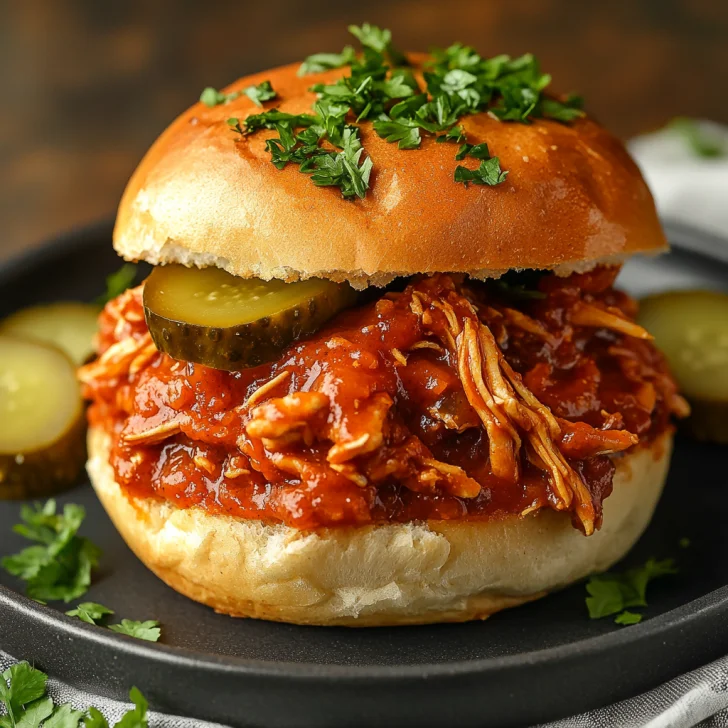 Slow Cooker Chicken Sloppy Joes on a toasted bun, garnished with pickles and parsley against a light wooden background