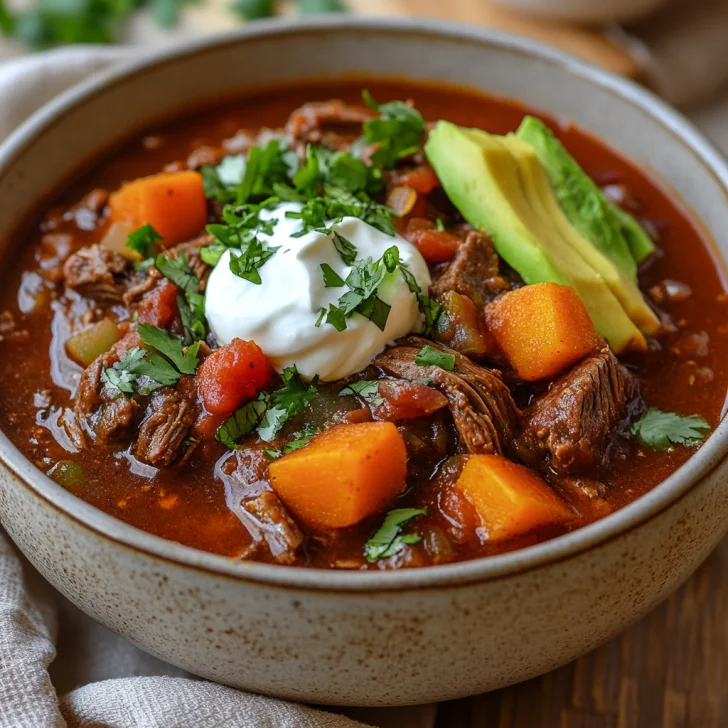 Bowl of Slow Cooker Chuck Roast Chili garnished with sour cream, avocado, and cilantro on a wooden table