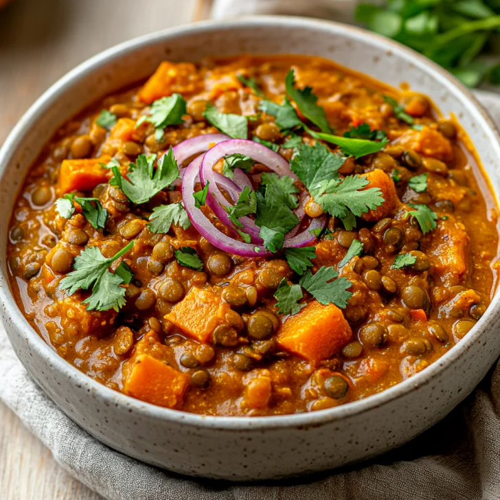 Warm bowl of Slow Cooker Coconut Curry Lentils garnished with cilantro and red onion on a wooden table