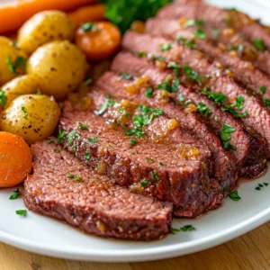 Slow Cooker Corned Beef slices on a white plate with baby carrots and potatoes, garnished with parsley