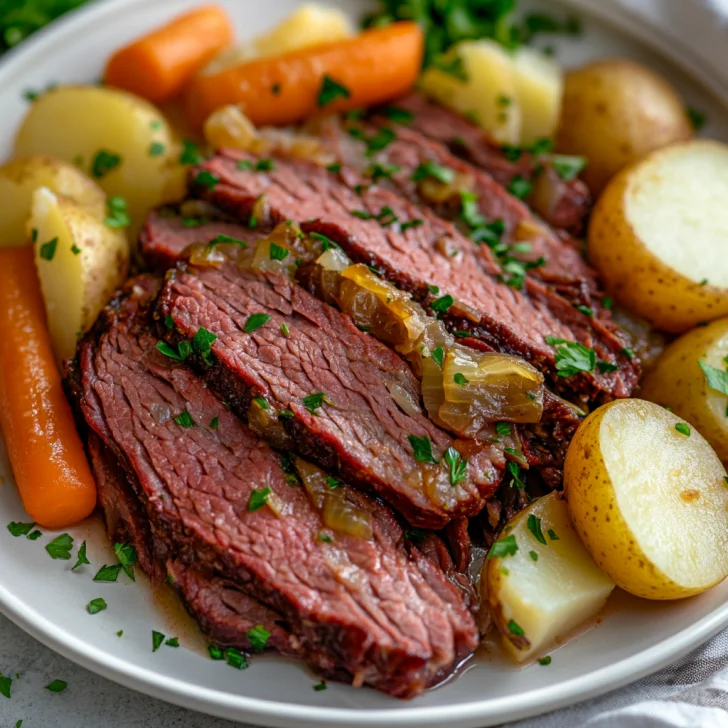 Tender Slow Cooker Corned Beef and Cabbage on a white plate, garnished with fresh parsley and served with potatoes and carrots