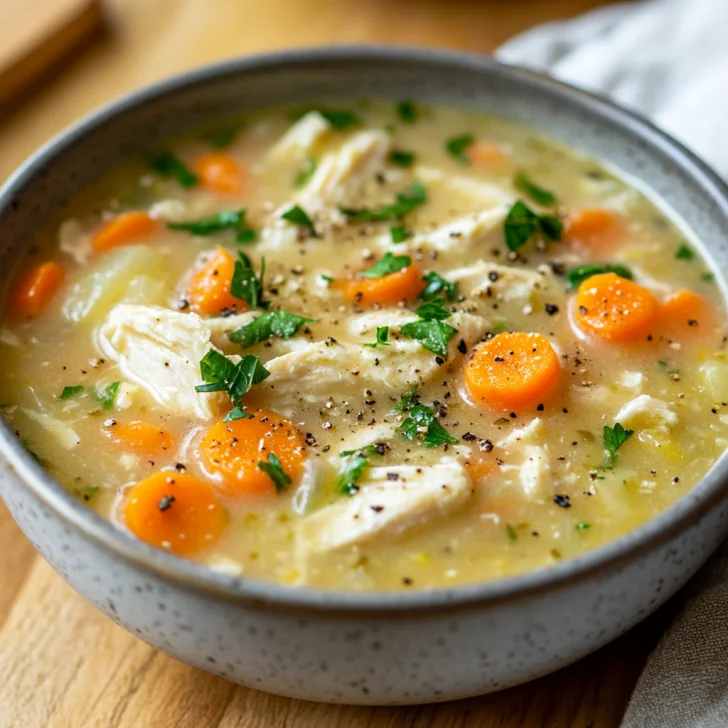 Bowl of Slow Cooker Garlic Parmesan Chicken Stew garnished with fresh parsley on a wooden table