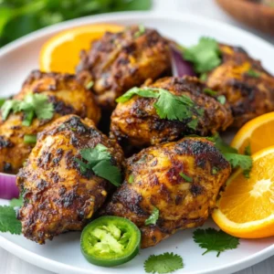 Slow Cooker Jerk Chicken served on a white plate, garnished with orange slices and fresh herbs