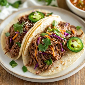 Slow Cooker Korean Beef Tacos piled in corn tortillas, garnished with slaw and cilantro on a white plate