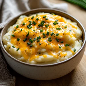 Bowl of Slow Cooker Loaded Mashed Potatoes with Ranch topped with melted cheese and chives, served on a wooden table