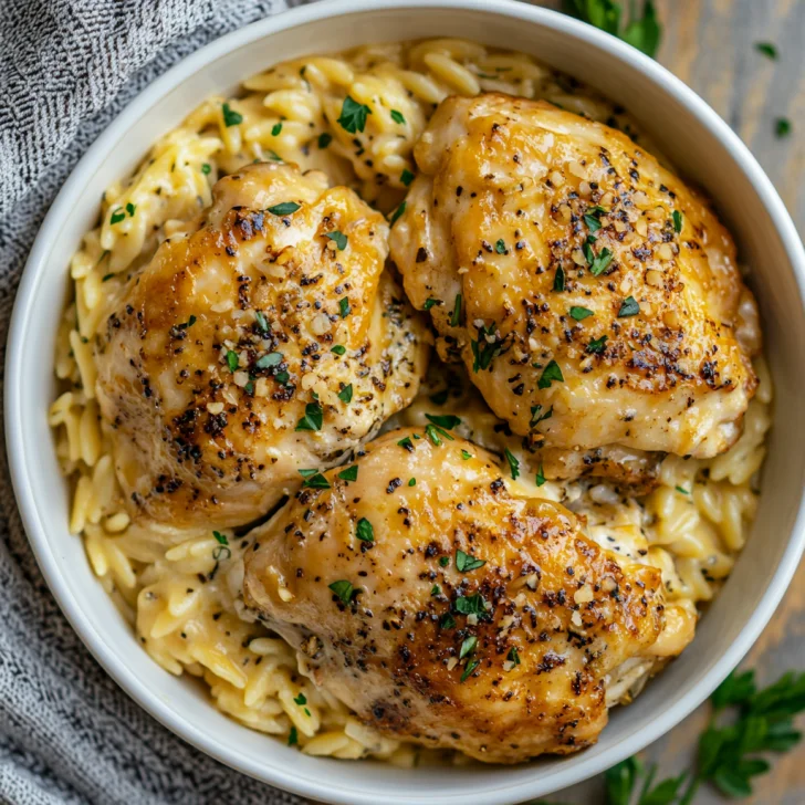 Plate of Slow Cooker Mustard Herb Chicken and Creamy Orzo garnished with fresh herbs, showcasing creamy texture and golden chicken