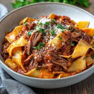 Bowl of Slow Cooker Shredded Beef Ragu over pappardelle, garnished with parmesan and parsley on a wooden table