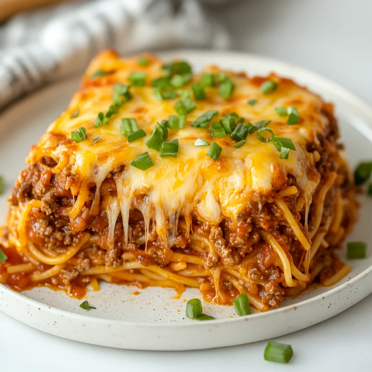 A delicious Spaghetti Pie Casserole topped with melted cheese and green onions, served in a white baking dish.