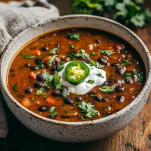 Bowl of Spicy Black Bean Soup topped with fresh cilantro and vegan sour cream, on a wooden table.