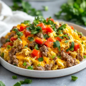 Tex Mex Slow Cooker Breakfast served on a white plate, garnished with cilantro and green onions, showcasing melted cheese