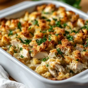 Turkey and Stuffing Casserole in a white baking dish, garnished with fresh parsley, golden and bubbly on top.