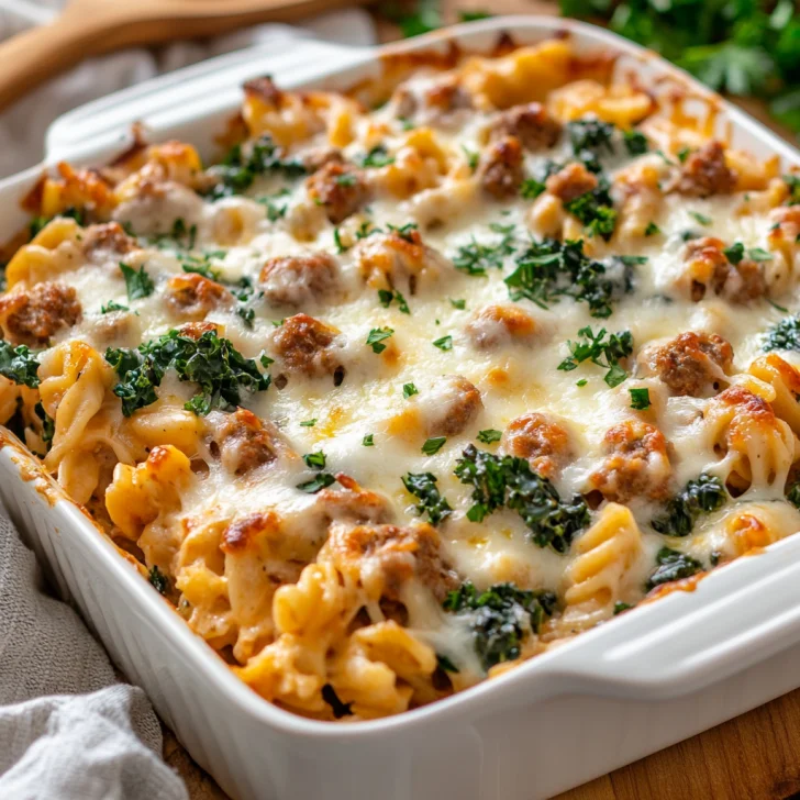 Turkey Sausage and Kale Casserole in a white dish, topped with melted mozzarella and garnished with parsley