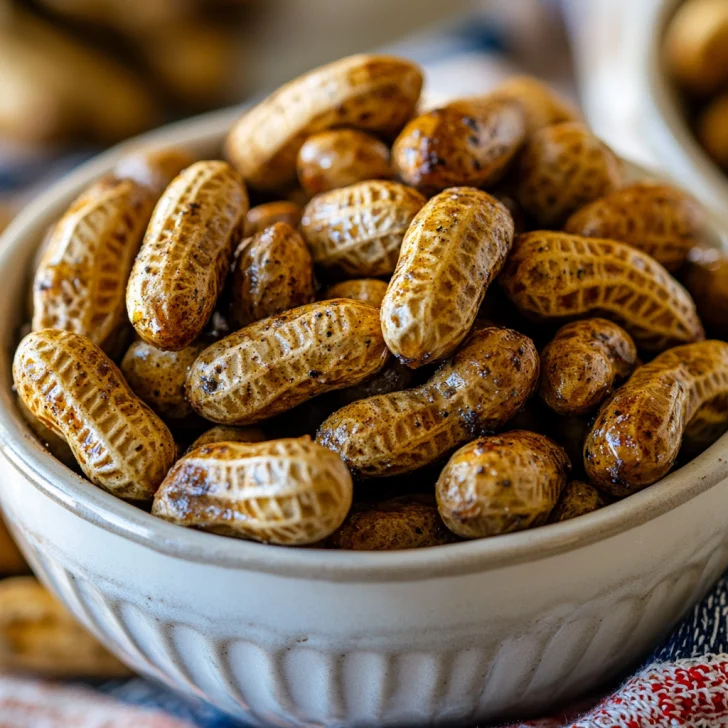 Bowl of Boiled Peanuts Crockpot garnished with Cajun seasoning on a neutral table with a kitchen towel