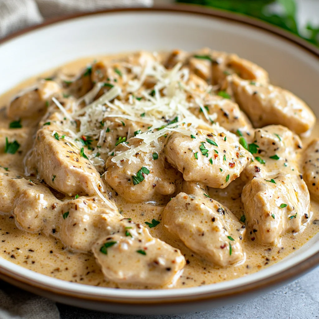 Creamy Italian Chicken Crockpot Recipe: Easy & Delicious Dinner Creamy Italian Chicken Crockpot served on a white plate topped with Parmesan cheese and chopped herbs