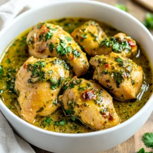Bowl of Crock Pot Coconut Thai Chicken garnished with cilantro and served with a linen towel in natural light