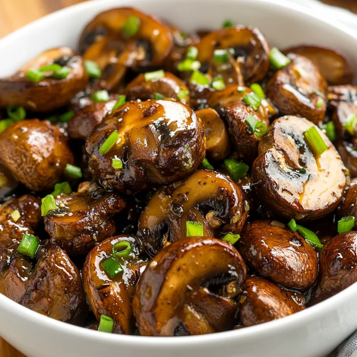 Delicious crock pot mushrooms in a white bowl garnished with green onions on a light wooden surface