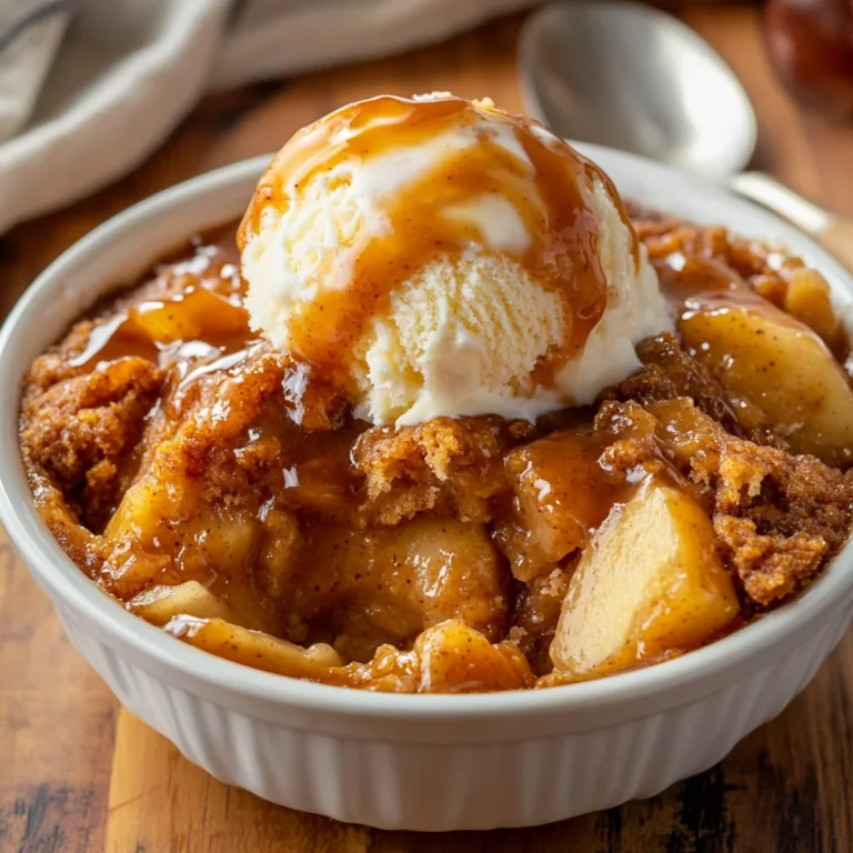 Crockpot Apple Dump Cake served in a white bowl topped with melting vanilla ice cream and caramel drizzle