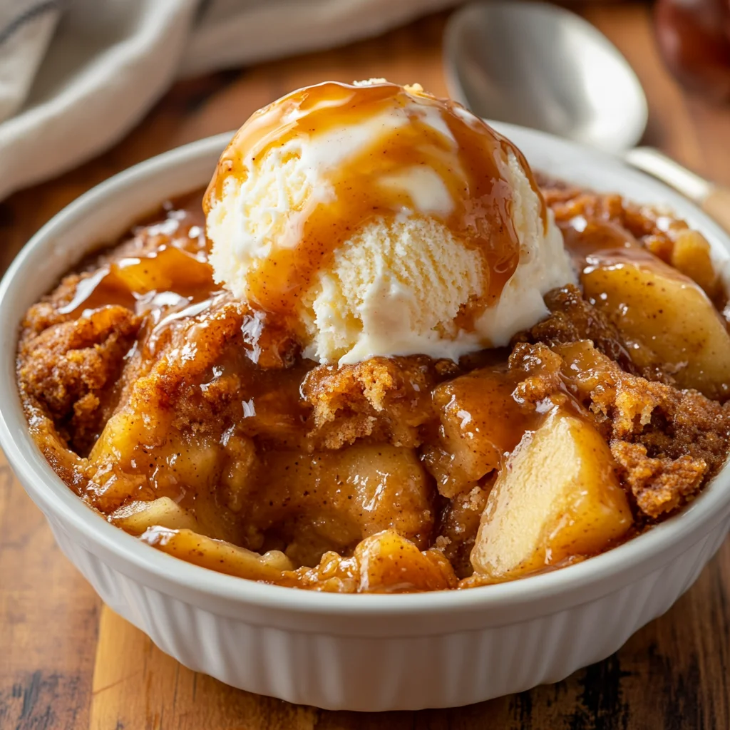 Crockpot Apple Dump Cake served in a white bowl topped with melting vanilla ice cream and caramel drizzle
