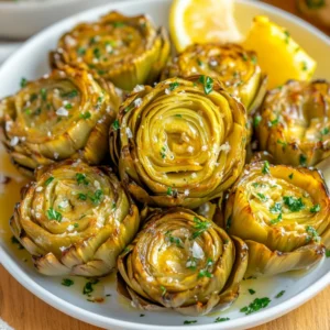 Crockpot Artichokes on a white plate garnished with parsley and lemon wedges, highlighting their buttery texture