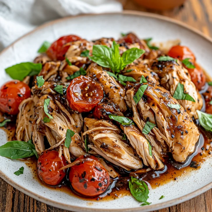 Crockpot Balsamic Chicken: Easy, Flavorful, and Hands-Off Crockpot Balsamic Chicken on a rustic white plate garnished with fresh basil and black pepper