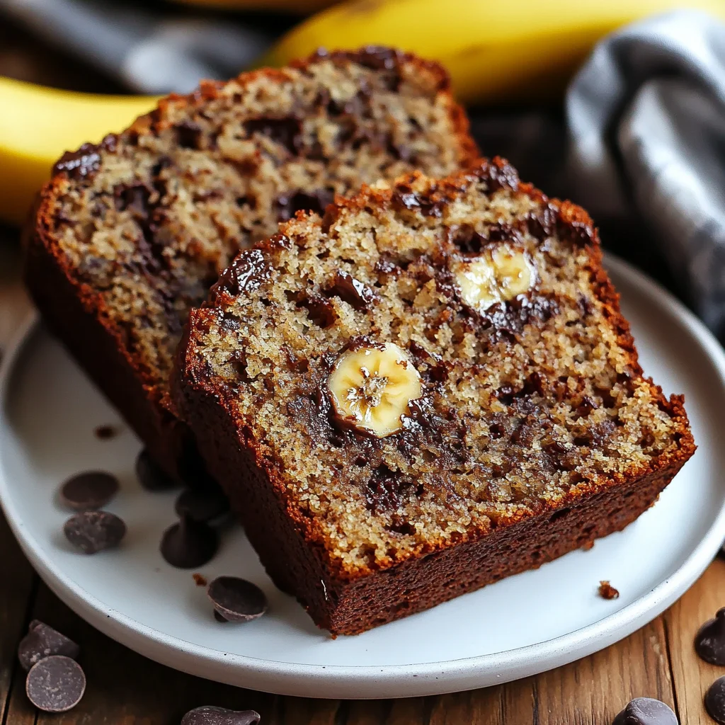 Sliced Crockpot Banana Bread on a white plate, garnished with chocolate chips, showcasing moist texture and warm color