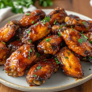 Crockpot BBQ Chicken Wings (3 Ingredients) on a white plate garnished with parsley, showcasing crispy edges and barbecue glaze.