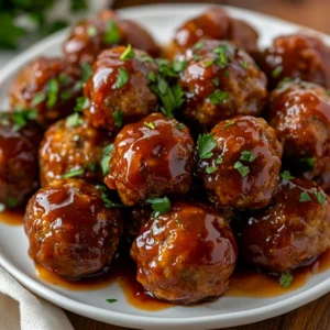 Crockpot BBQ Peach Meatballs served on a white plate, garnished with fresh parsley and shiny with sauce