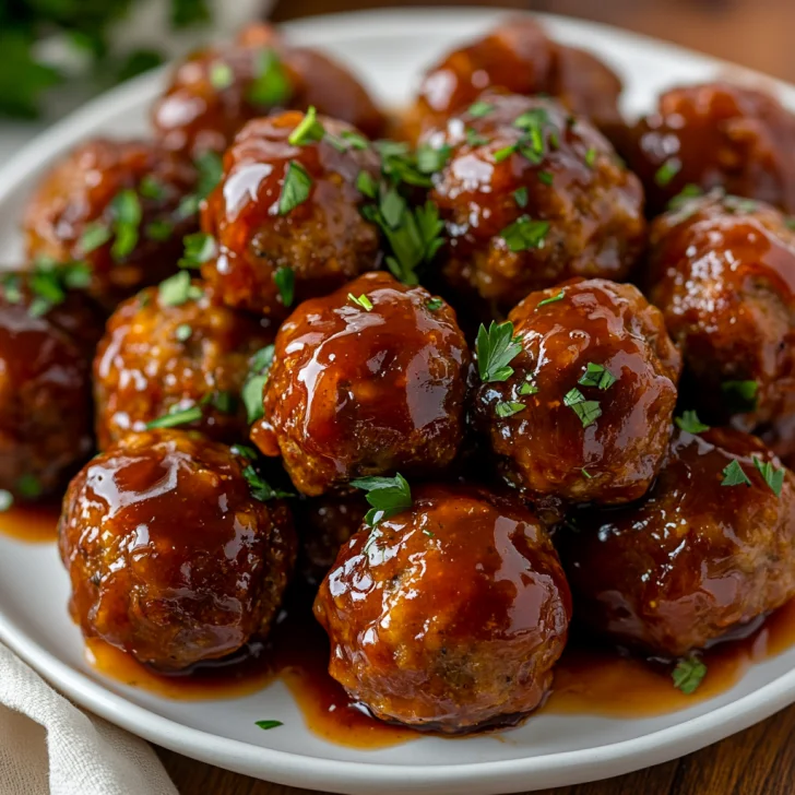 Crockpot BBQ Peach Meatballs served on a white plate, garnished with fresh parsley and shiny with sauce