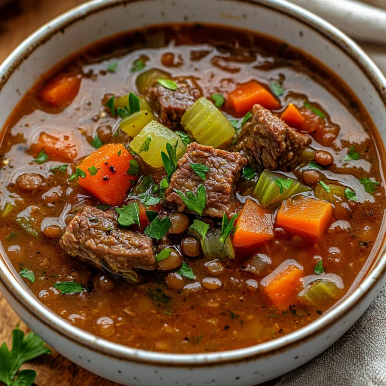 Bowl of Crockpot Beef Lentil Soup topped with fresh parsley and black pepper on a light wooden surface