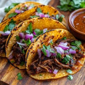 Crockpot Birria Tacos on a wooden cutting board, topped with cilantro and red onions, served with consomé for dipping