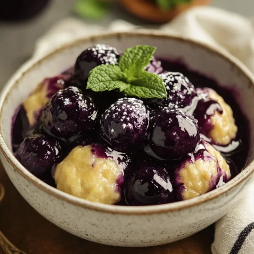 Bowl of Crockpot Blueberry Grunt with fluffy dumplings and garnished with powdered sugar and mint